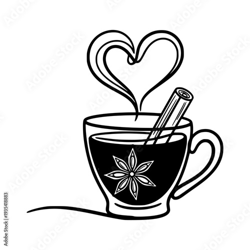 Cup of hot beverage with spice stick in simple line art on white background symbolizing warmth and comfort