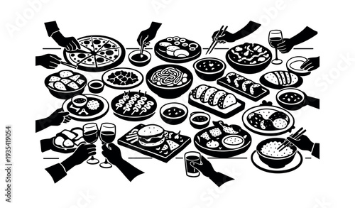 Hands reach for different global dishes like pizza, tacos, noodles, and burgers, symbolizing shared meals and cultural diversity