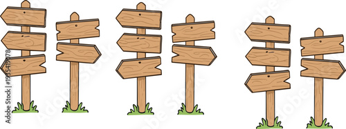 Wooden direction signpost vector set with blank rustic boards and arrows for navigation, travel guidance, and outdoor signage design