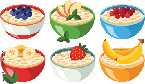Oatmeal porridge bowl set with fresh fruits, blueberries, apples, strawberries, bananas, cranberries, healthy breakfast vector illustration, organic morning meal, flat design isolated.