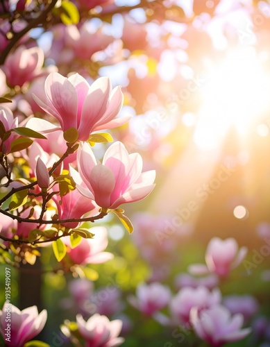 Radiant Magnolia Blossoms: Pink Petals Bathed in Golden Sunlight, Springtime Beauty