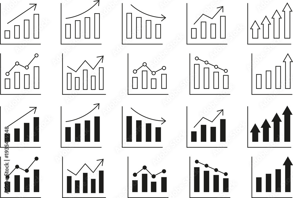 Fototapeta premium Business Growth Chart Line Icons Set – Analytics Graph Outline Vector