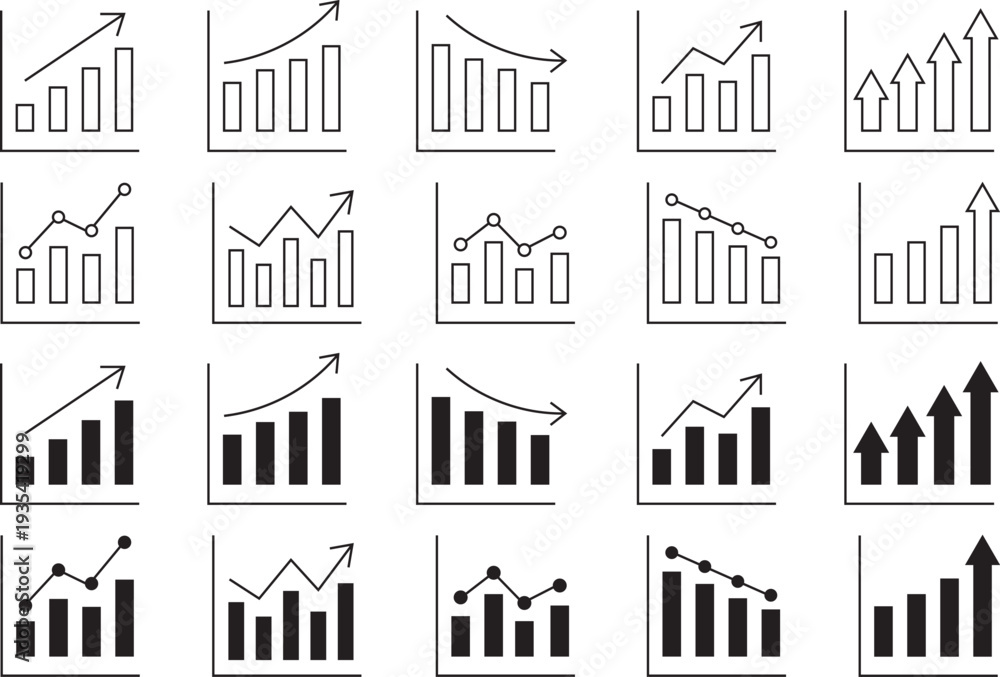 Fototapeta premium Business Growth Chart Line Icons Set – Analytics Graph Outline Vector