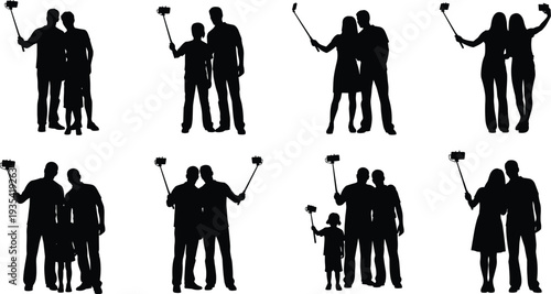 Family and friends taking selfies with smartphone on stick, happy people silhouettes vector illustration isolated background