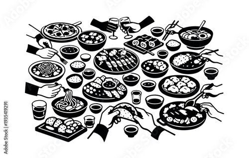 Hands picking up food from many different bowls and plates spread across a table, celebrating diverse culinary traditions
