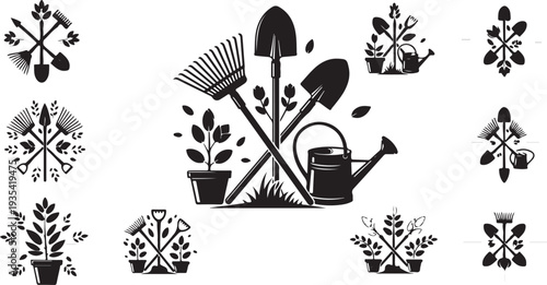 Gardening tools and plants in black and white icons
