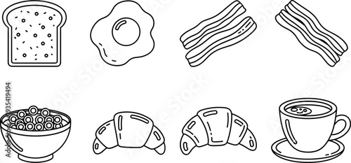 Collection of simple line art icons representing a classic breakfast meal