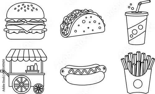 Collection of popular fast food icons including burger, taco, hot dog, fries, and drink