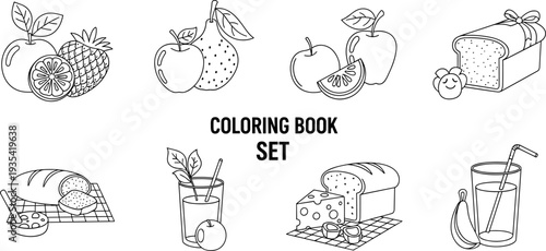 Collection of simple line art food illustrations for a coloring book set