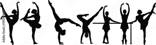 Set of black ballet dancer silhouettes featuring elegant women in graceful dance poses, gymnastic movements, and artistic performances isolated on a white background vector.
