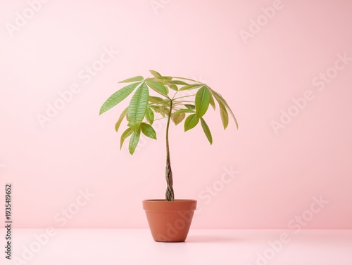 Young palm tree in terracotta pot. Pink background with soft, even lighting. Plant has green, fan-shaped leaves. Simple composition, minimal distractions. Stable, centered placement