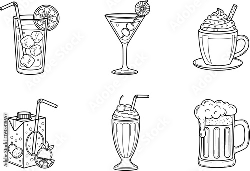 Collection of six different hand-drawn beverage illustrations in black and white outline style