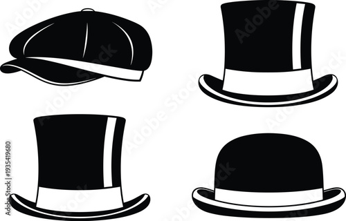 Set of black and white vintage hat silhouettes including top hat, bowler hat, and flat cap, isolated vector icons for fashion and gentleman branding.