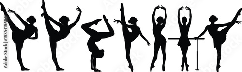 Set of black ballet dancer silhouettes featuring elegant women in graceful dance poses, gymnastic movements, and artistic performances isolated on a white background.