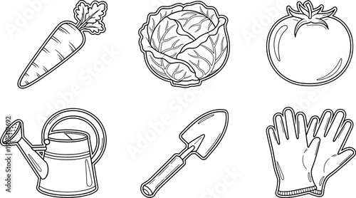 Hand-drawn garden icons featuring vegetables and tools for planting and harvesting