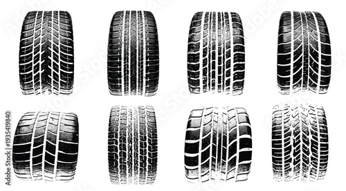 Collection of various tire types and tread patterns isolated on white background for automotive and industrial uses