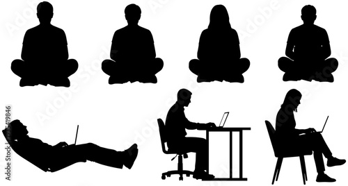 Black and White Silhouette Set of People Working on Laptops Sitting at Desk and Floor