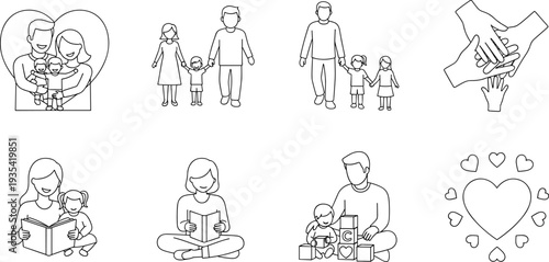 Collection of line art icons representing family, love, and togetherness in various scenes