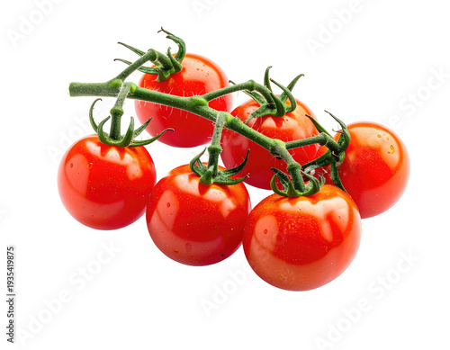 Vine-ripened cluster of small, glossy red cherry tomatoes
