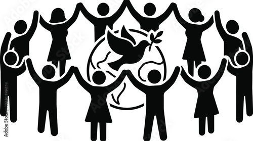 Diverse individuals holding hands around globe with peace dove symbol for world harmony