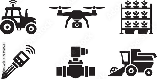 AgriTech Farming Technology, Precision Agriculture and Automated Irrigation Systems Robust Industrial Geometry Icon Set Vector Illustration