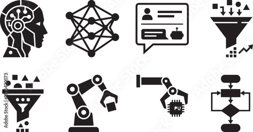 Artificial Intelligence, Machine Learning and Advanced Robotic Technology Minimalist Flat Geometry Icon Set Vector Illustration