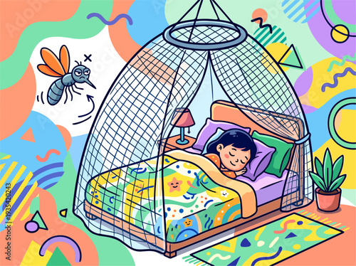 Child sleeping under mosquito net, protected from repelled mosquito. Malaria dengue fever prevention concept, health safety. Flat cartoon vector, vibrant abstract background. Editable illustration.