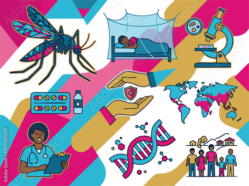 Mosquito, Doctor, DNA, World Map + Disease prevention, treatment, research + Public Health, Medical Science + Flat Vector, Colorful, Modern + Stock Vector Illustration, Editable