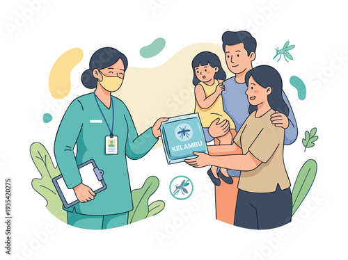 Medical Worker and Family Receiving Mosquito Net for Disease Prevention Public Health Awareness Community Outreach Modern Flat Line Art Pastel Colors Vector Illustration Graphic