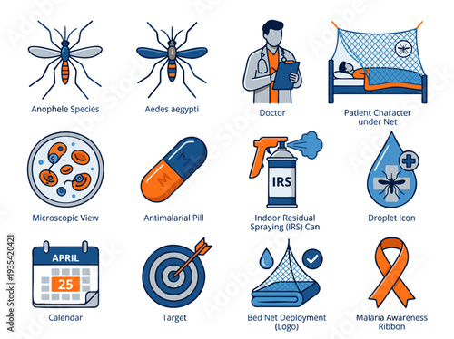 Malaria Mosquitoes Control Prevention Treatment Public Health Medicine Flat Line Blue Orange Vector Icon Collection