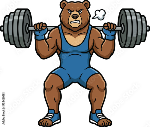 Anthropomorphic Strong Bear Doing Barbell Squats - Creative Fitness Animal Character Gym Illustration