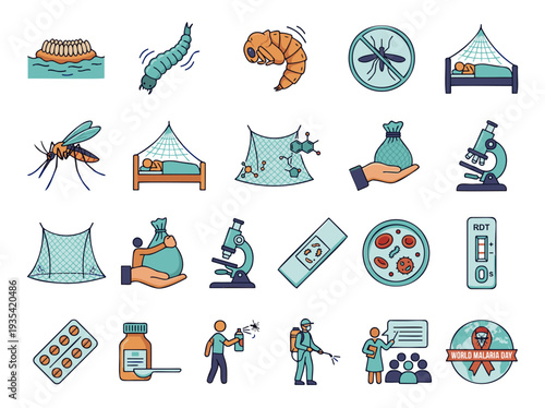Malaria Prevention, Control, and Treatment Icon Set with Mosquito Life Cycle, Medical Tests, and Awareness Activities, in Flat Line Vector Art with Vibrant Colors, Isolated on White.