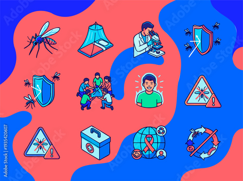 Mosquito Disease Prevention Set with Warning Signs, Nets, Research, Aid - Public Health & Medical Awareness - Vibrant Outline Isometric Icons - Editable Vector Collection