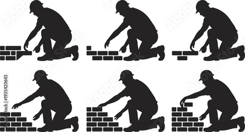Construction worker icons, bricklaying silhouettes, builder vector, masonry clipart, hard hat design, labor symbol, wall graphic, industry illustration, job art, work logo