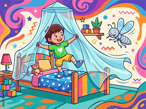 Happy Child Jumping on bed with mosquito net & mosquito, Playful Childhood & Protection, Vibrant Cartoon Vector Illustration, Flat Outline Design