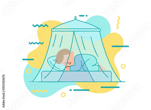 Cozy Sleeping Person Under Mosquito Net, Peaceful Rest for Good Health and Wellness, Modern Flat Line Vector Illustration