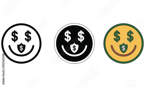 Set of three emoticon icons representing financial success and security with smiling faces and dollar signs in various color schemes and styles for business and marketing use.