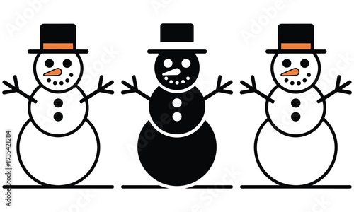 Three cartoon snowmen standing together wearing top hats and having carrot noses and coal eyes on a white background.