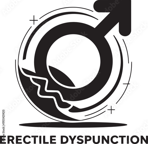Medical illustration of erectile dysfunction symbol with circular arrows and positive signs