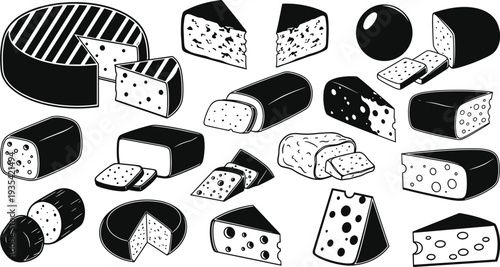 Cheese Vector Icon Set with Various Dairy Products Including Swiss Cheddar and Brie cad drawing flat vector illustration for Food Design