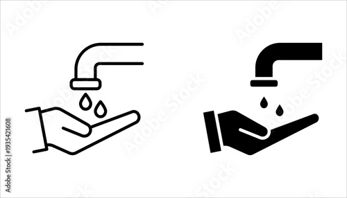 Wash your hands icons set. Hand washing icons set. Hand drawing with water tap, drop, soap bubble sign, vector illustration