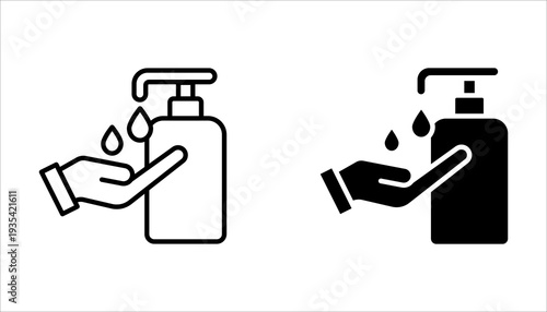 Wash your hands icons set. Hand washing icons set. Hand drawing with water tap, drop, soap bubble sign, vector illustration