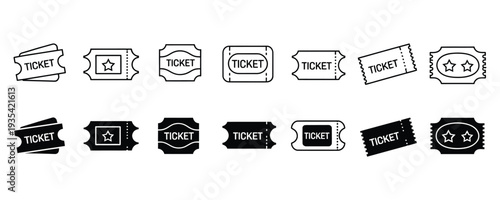 Various ticket icons in black and white for event or admission use