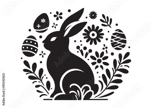 easter bunny eggs and flowers logo silhouette, easter eggs silhouette vector illustration,  decorative pattern logo silhouette, easter bunny eggs and floral logo silhouette design on white background