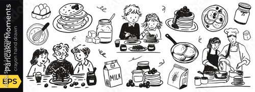 Doodle pancake line art for a culinary breakfast or brunch outline, with a sketch of cook and cooking through meal preparation in a pan. Vintage vector ingredient by hand cafe scenes with a stack.