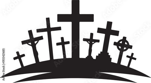 Silhouette of multiple crosses on a hilltop at cemetery