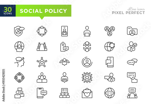 Social policy vector line icons. Family, love, teamwork, Neighborhood, community unity, coworker icon set