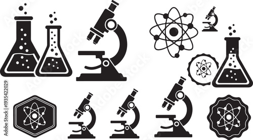 Science and laboratory icons in black and white illustration