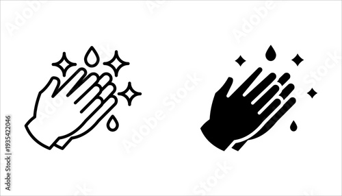 Wash your hands icons set. Hand washing icons set. Hand drawing with water tap, drop, soap bubble sign, vector illustration