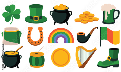 Collection of St Patrick's Day symbols including shamrocks, leprechaun hats, pots of gold, and Irish flags celebrating Irish heritage and culture in a festive cartoon style.